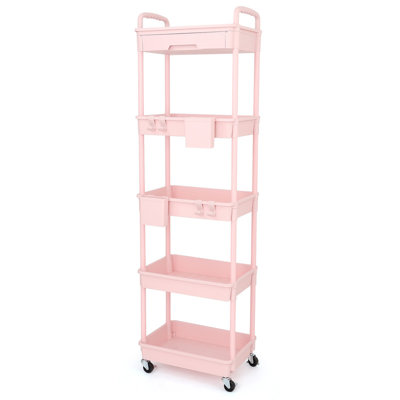 5 Tier Rolling Utility Cart with Drawer,With Drawer & Extended Poles,With Plastic Shelf & Lockable Wheels,Smooth Mobility