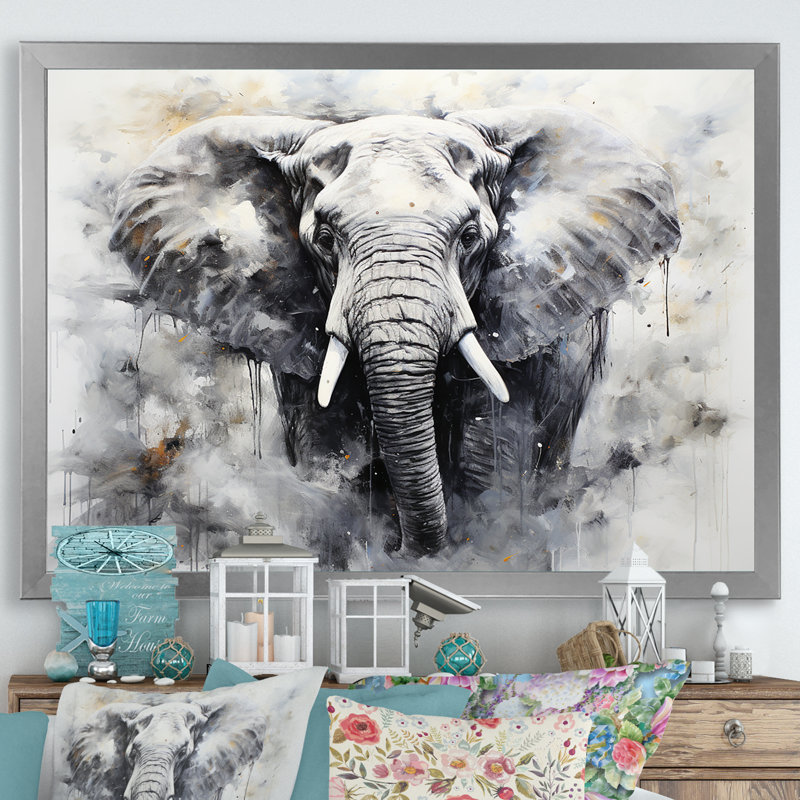 Noir et blanc doux éléphants géants, Cadre simple argenté, H 34 po x l 44 po