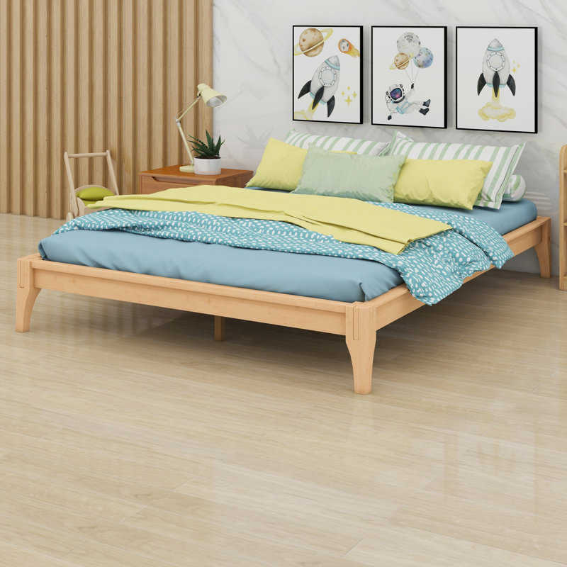 Base de lit plateforme en bois avec support à lattes, Naturel
