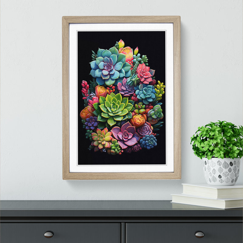 Succulent Tachisme Art - Framed Print, 64cm H x 46cm W x 2cm D, Oak Framed