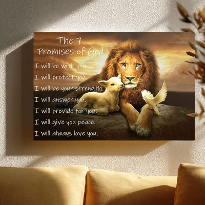 7 promesses de Dieu, lion et agneau, toile tendue (ton confort spirituel), cadre tendu pour coin de prière