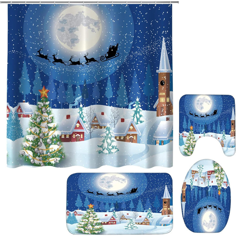 Ensemble de rideaux de douche de Noël avec tapis antidérapants, couvercle de toilette et tapis de bain Rideaux de douche en wapiti avec 12 crochets, ensemble de décoration de salle de bain 4 pièces Cadeaux de Noël pour Noël
