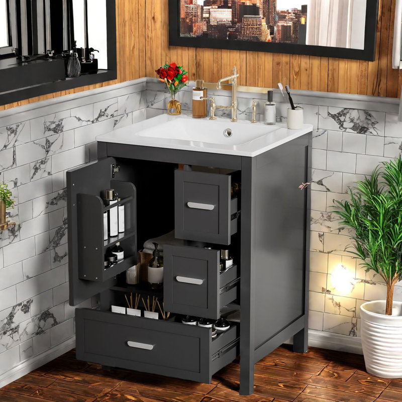 Meuble-lavabo moderne peu encombrant avec lavabo en céramique, structure en bois massif