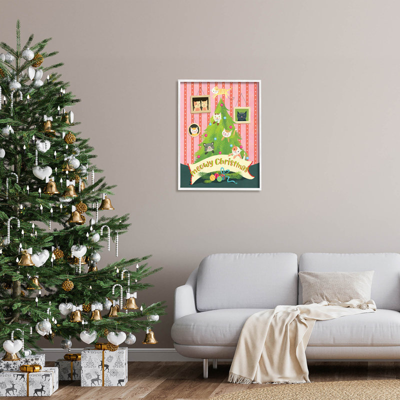 Arbre à chat Meowy Christmas at-219, H 30 po x l 24 po x P 1,5 po, Giclée encadrée blanc bord de mer