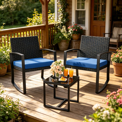 3 Piece Patio Bistro Set With Wicker Rocking Chairs And Tempered Glass Coffee Table, Outdoor Conversation Furniture Set For Front Porch, Balcony, And Deck, Blue Cushion