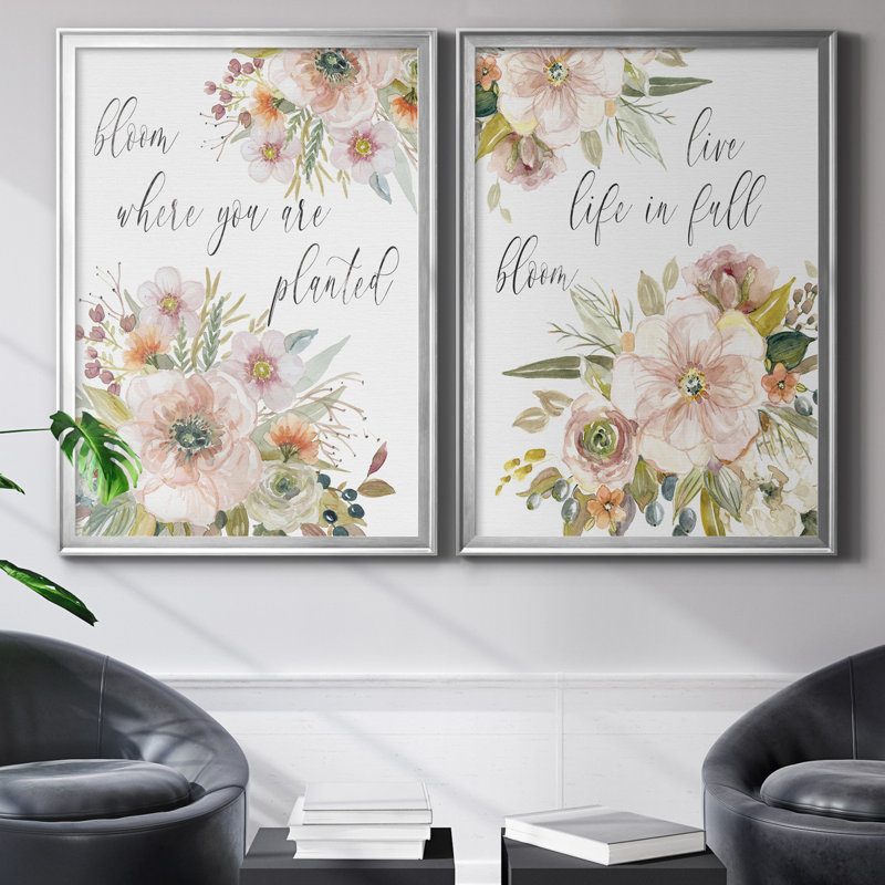 «Peach Bloom I», ensemble de 2 impressions, Pas de tapis, Toile encadrée argentée, H 26,5 po x l 73 po x P 3 po