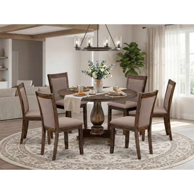 7 Piece Modern Dining Table Set Consist of a Round Wooden Table with Pedestal and 6 Coffee Linen Fabric Upholstered Chairs, Distressed Jacobean