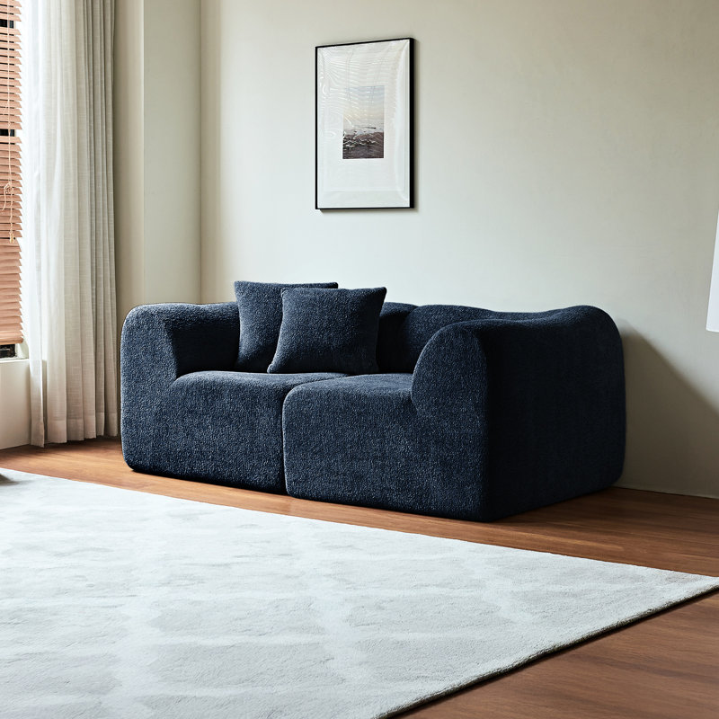 Velours 2 places bleu moderne, peu encombrant pour un appartement, base antidérapante, mousse haute densité avec coussins, bleu, doux compressé,