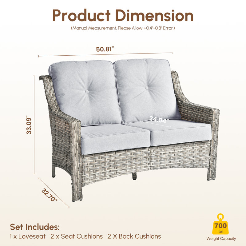 50.8" W 2-Seat Outdoor Patio Loveseat With 3.54" Thick Cushions, Pe Wicker Rattan Sofa With Steel Frame, High Back Tufted Cushion