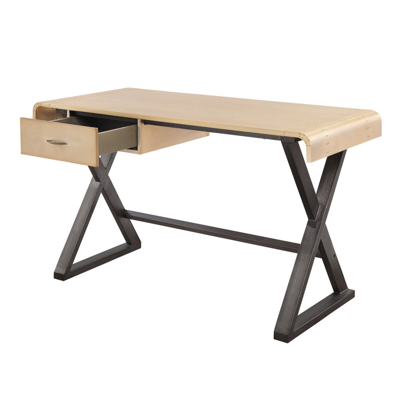 Bureau rectangulaire en aluminium doré avec pieds en cuir embellis et rangement fonctionnel