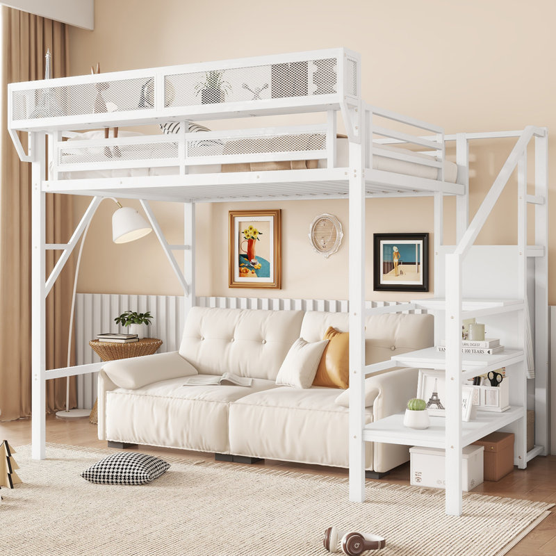Twin Size Loft Bed With Stairs, Metal Full Loft Bed With Storage Shelves, High Loft Bed With Wardrobe For Kids Teens,White