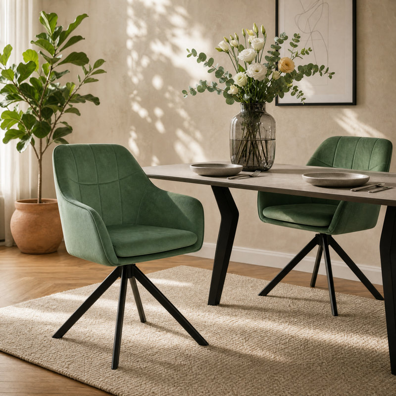 51cm H Upholstered Arm Dining Chair, Green, Velvet