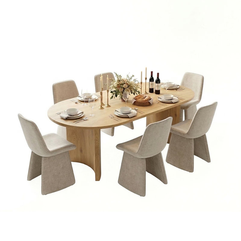 79" Oval Dining Room Set For 6, Modern Wood Grain Dining Room Set With Upholstered Dining Chairs, Khaki