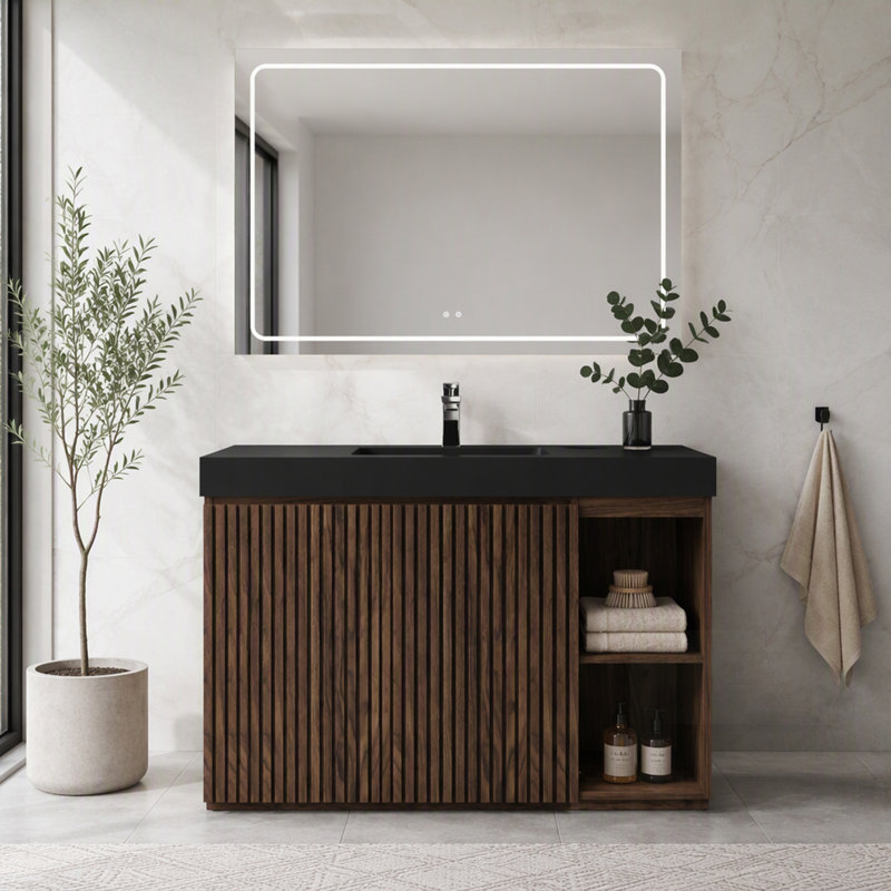 Meuble-lavabo de salle de bain avec lavabo, grand meuble-lavabo autoportant pour salle de bain moderne, lavabo une pièce noir sans bonde ni robinet