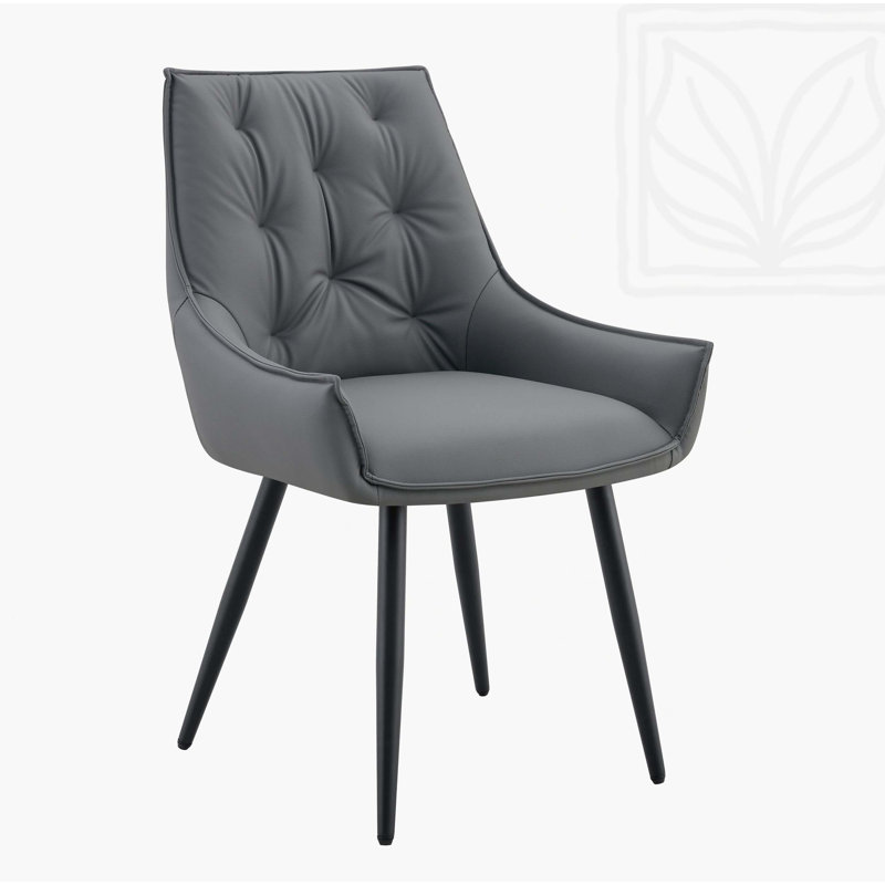 Dining Chairs Set of 2, Dark Gray Faux Leather Dining Room Chair, Metal Kitchen Chairs with Gold Mesh Texture and Black Sanded Legs, Flat Back Upholstered Chair (Dark Gray, Set of 2)