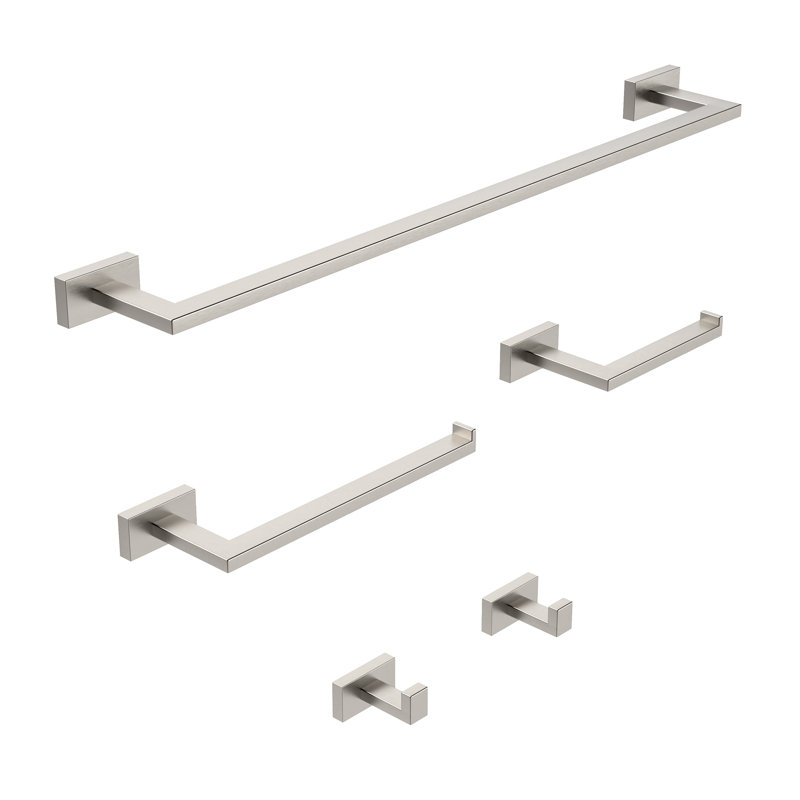 Nickel 5-Piece Bathroom Hardware Set, Wall Mounted Stainless Steel Towel Rack & Bar Accessories Kit, Nickel brossé