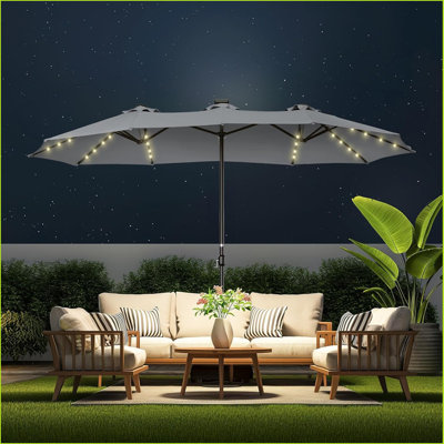 15ft Large Patio Umbrella With Solar Lights, Double-sided Outdoor Market Rectangle Umbrellas With 36 Led Lights And Cross Base Included, Outside Umbrella For Deck Poolside Backyard