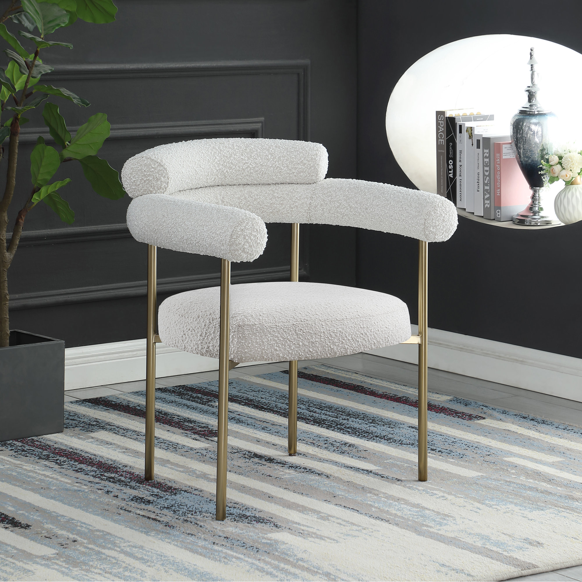 Boucle Upholstered Arm Chair, Brushed Brass, Cream Boucle