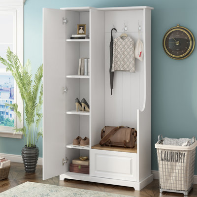 Arbre d'entrée élégant avec banc rabattable, armoire à chaussures minimaliste avec tablettes réglables, mobilier multifonctionnel avec crochets de suspension pour vestibule, vestibule