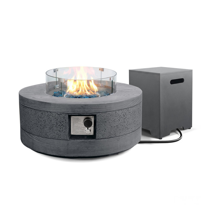 38-Inch Round Concrete Propane Fire Pit Table with Tank Cover and Wind Guard,Cedar Gray, Cedar Gray