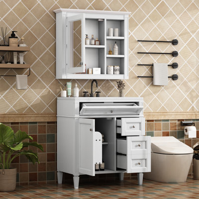 Ensemble de meuble-lavabo autoportant 30 po avec lavabo supérieur, meuble-lavabo moderne avec 2 tiroirs et un tiroir basculant, meuble-lavabo autoportant avec miroir et meuble-lavabo simple