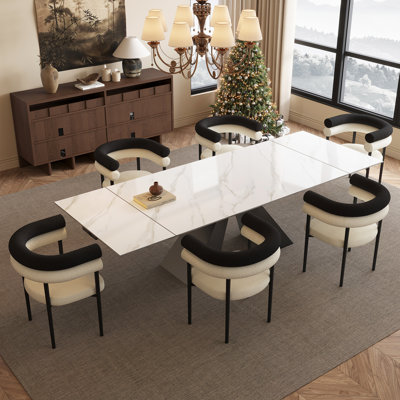 Ensemble de table de salle à manger extensible 9 pièces en pierre frittée avec 8 accoudoirs en tissu Doinita