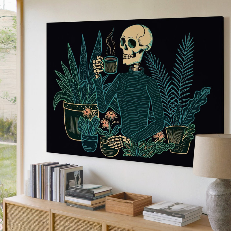 Toile, une scène fantaisiste mettant en vedette un squelette stylisé tenant une tasse d'art café fumant entourée de plantes vertes luxuriantes