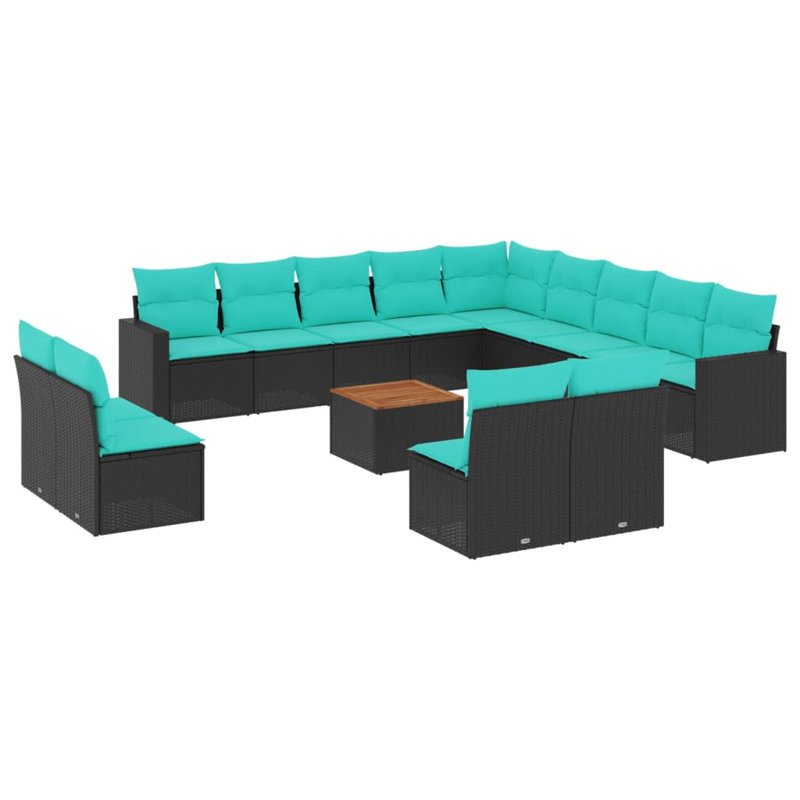 Ensemble de canapé de patio 14 pièces avec coussins en rotin de polyester, Bleu, Noir