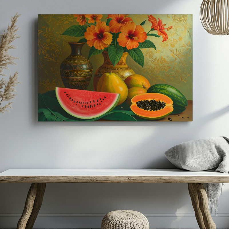 Art mural mural, Abondance tropicale, nature morte avec fruits et fleurs d'hibiscus, H 9 po x l 12 po