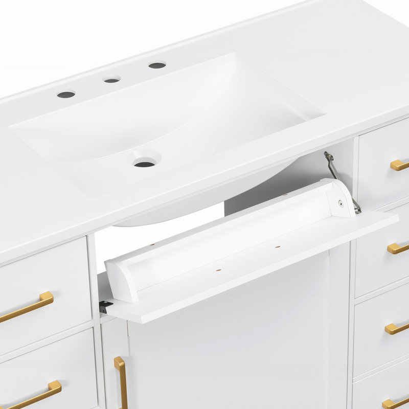 Meuble-lavabo à 7 tiroirs avec portes à fermeture douce et poignées dorées, Blanc
