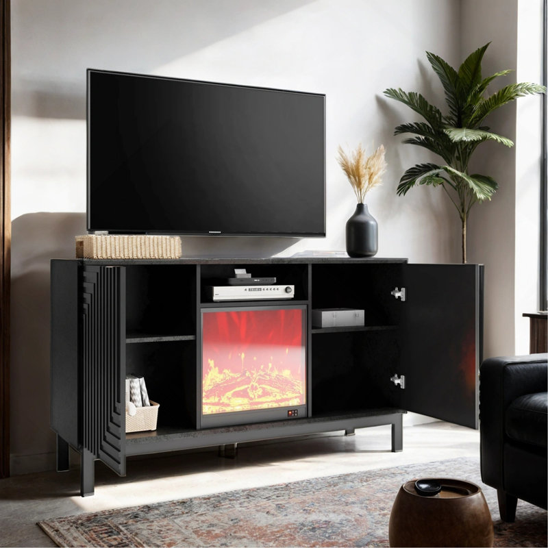 Mid Century Modern TV Stand With Fireplace And Functional Storage