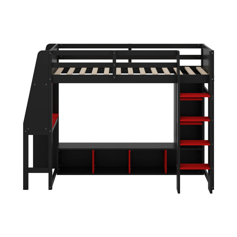 Lit mezzanine simple avec bureau, lumières DEL, garde-robe ouverte et tablettes multiples