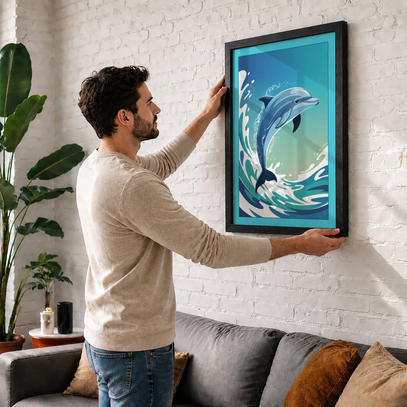 Leaping Dolphin Coastal - Framed Print, A4 - 29.7 x 21.0 cm, White