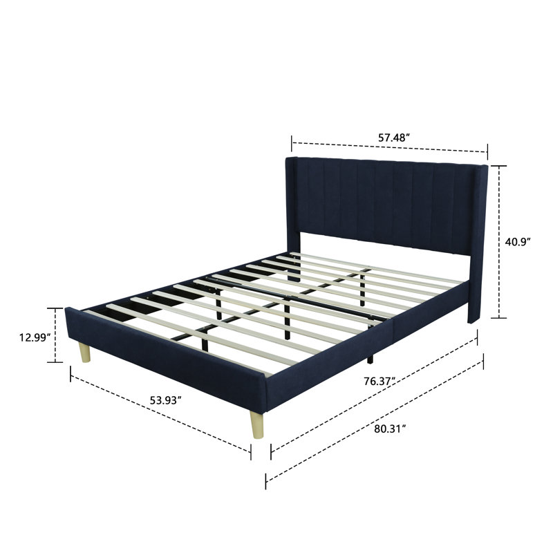 Lit plateforme tapissier avec tête de lit à oreilles Eriksay, Double, Lin bleu foncé