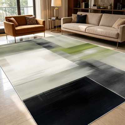 Tapis 1 pièce moderne abstrait géométrique flou vert olive gris blanc cassé pour le salon, doux et confortable, convient à toutes les saisons, facile à entretenir, lavable à la machine, convient à la cuisine, la chambre à coucher, l'entrée, le patio, la maison, la décoration extérieure .