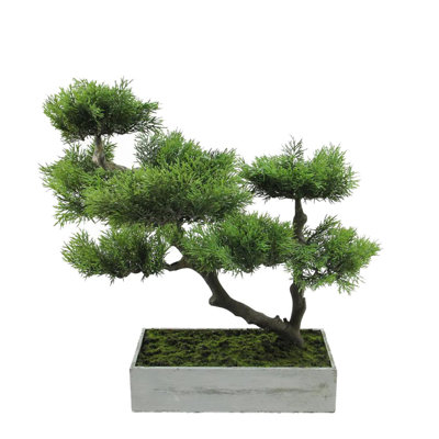 18" Green Japanese Bonsai Artificial Tree in a White Planter Box
