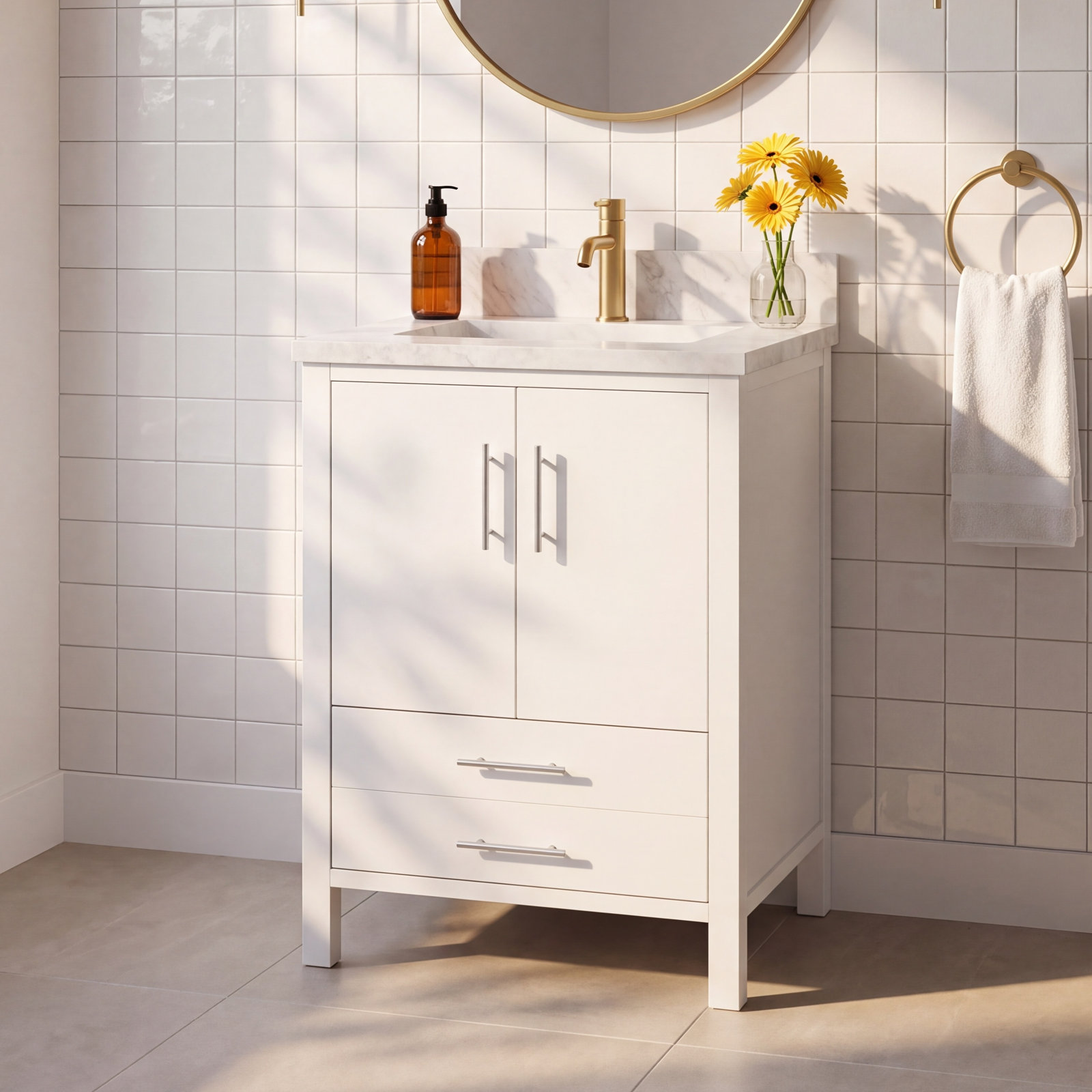 Kiara 24" Carrara Marble Single Bathroom Vanity, Carrara Marble, White