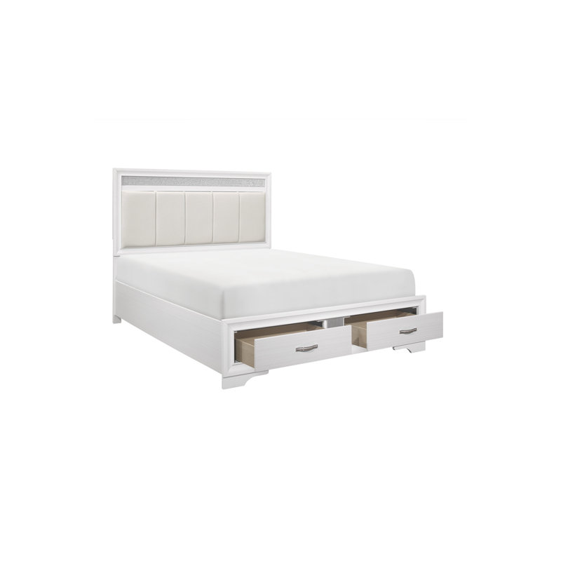 Très grand lit plateforme avec rangement en cuir Devion 4 pièces: lit, commode, miroir, table de chevet, Blanc