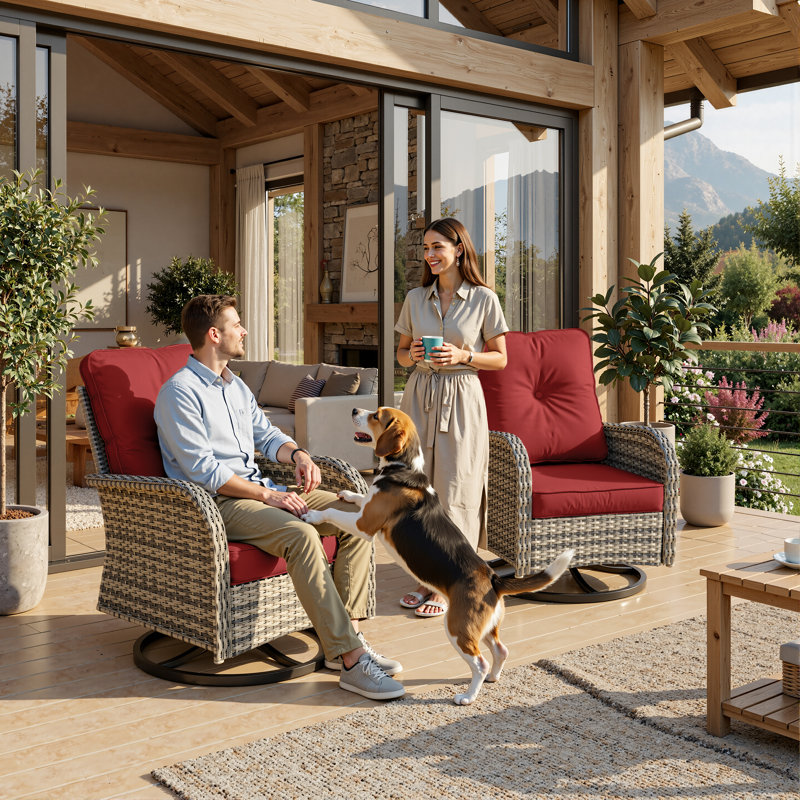 All-Weather Rattan Rocking Swivel Patio Chairs With Cushions, Red