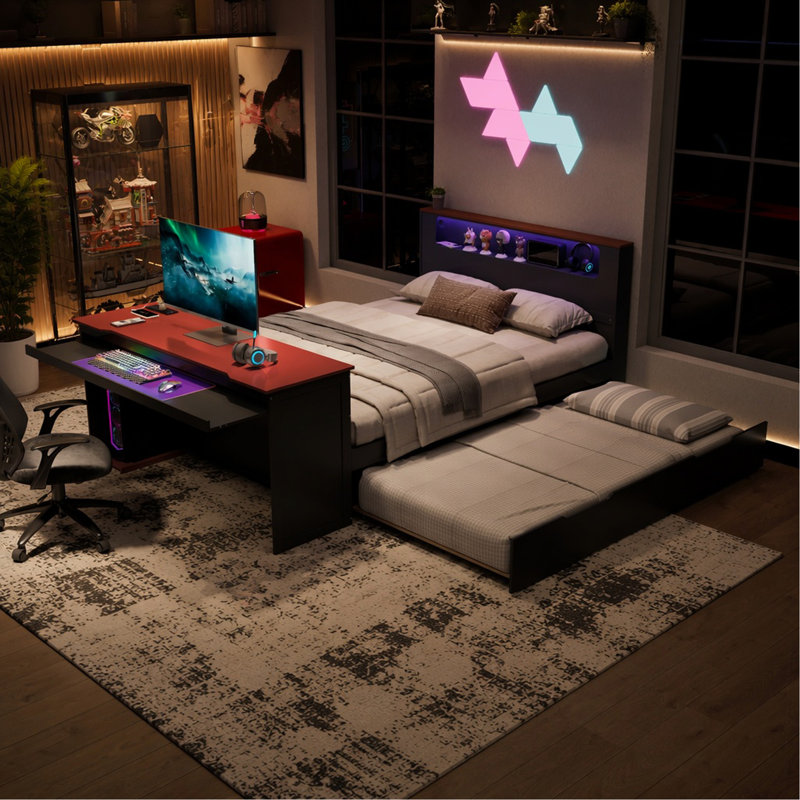 Lit de jour en bois pleine grandeur avec lit gigogne simple, bureau, lumière DEL et USB, noir et rouge, Double, Noir et rouge