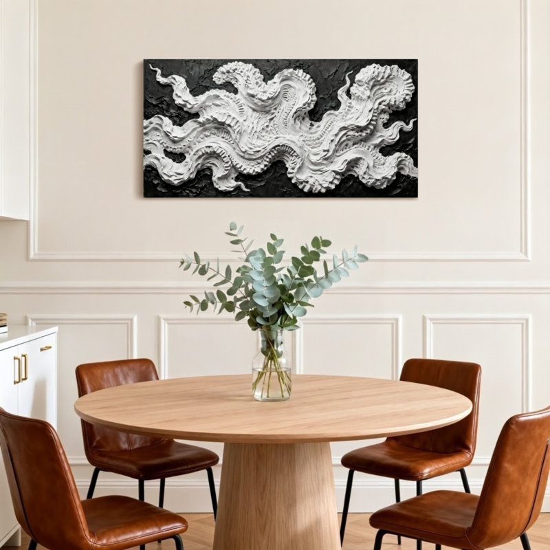 Vagues blanches abstraites sur fond noir, H 28 po x l 58 po