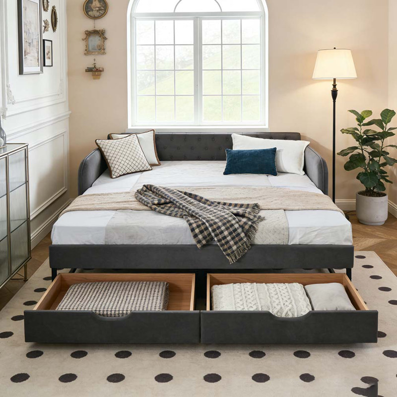 Twin Size Upholstery Daybed with Trundle Bed and Two Storage Drawers , Flat Arms with Pocket, Linen Dark Gray
