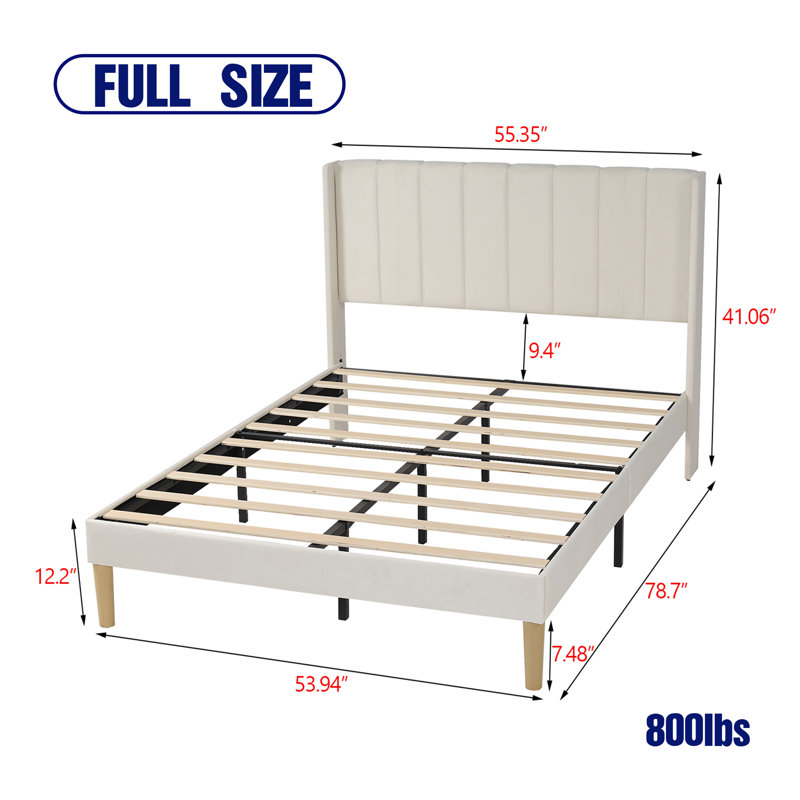 Upholstered Wingback Platform Bed, Beige, Full