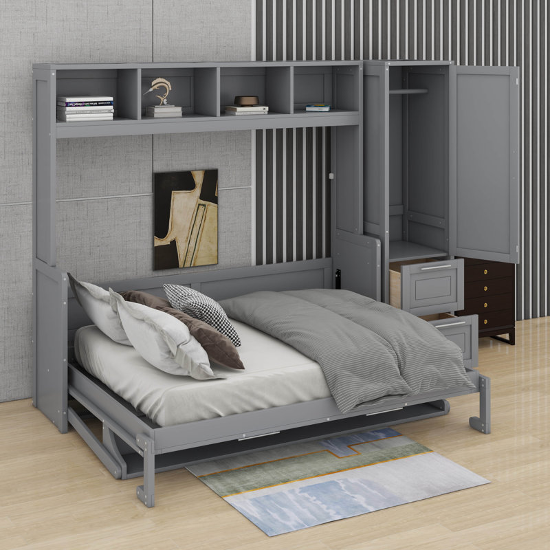 Grand lit escamotable, mur avec placard et tiroirs, Gris