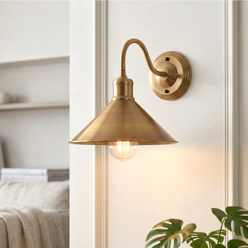 Shaliqua Industrial Armed Wall Sconce — Vintage Industrial Cone Shade, E27 Compatible., Yellow Brass