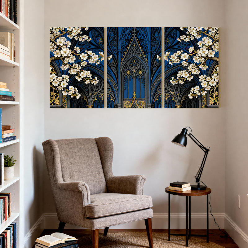 Plantes et fleurs, ensemble de 3 impressions murales sur toile gothique en or bleu, H 18 po x l 12 po