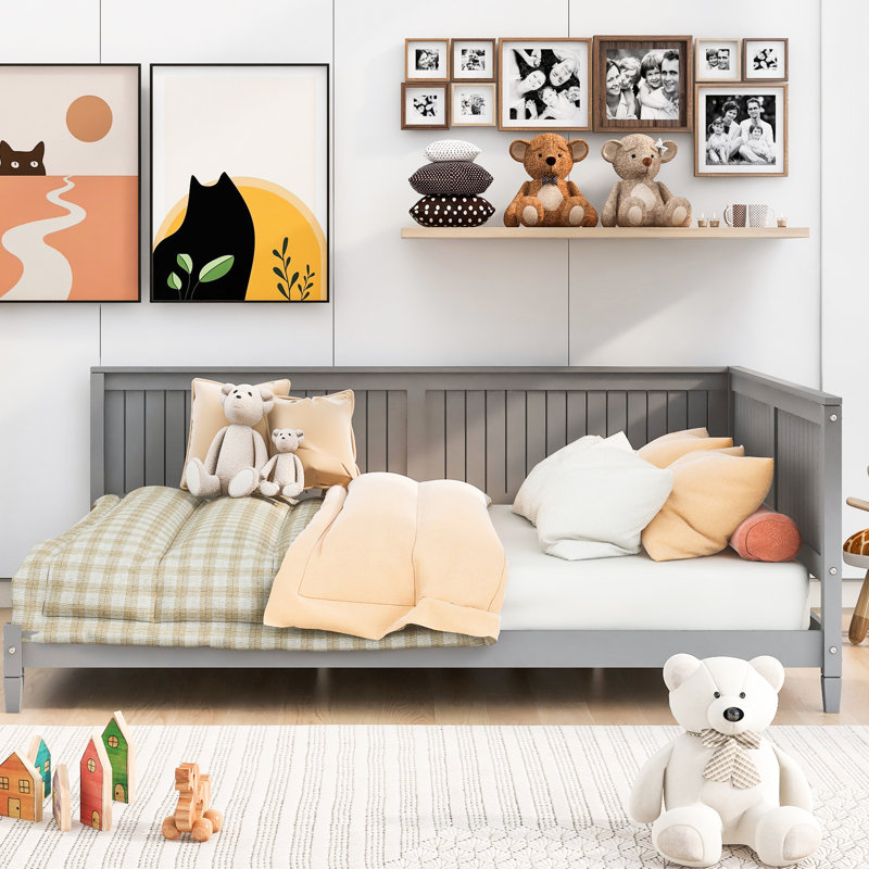 Lit de jour double en bois gris / aspect moderne Mid-Century avec structure polyvalente, Lit double, Gris foncé