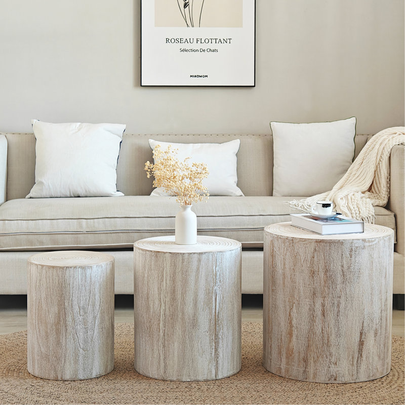 Set Of 3, Rounded Wood Coffee Tables, End Tables, Plant Stands, Antique White