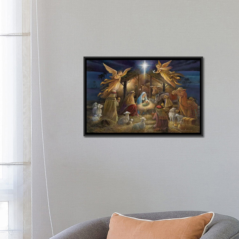 Nativité par Ruane Manning - reproduction sur toile tendue, H 18 po x l 26 po x P 1,5 po, Toile avec cadre flottant noir