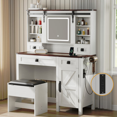 Meuble-lavabo blanc 41,7 po avec miroir à DEL, table de maquillage avec tiroirs et prises, plateau de table et tabouret en verre 